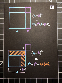 Note in the lower proof B² gets subtracted twice because of the overlap of the 2 A*Bs. Thus we need to add a B², which makes it symmetrical to the upper proof. Beautiful.